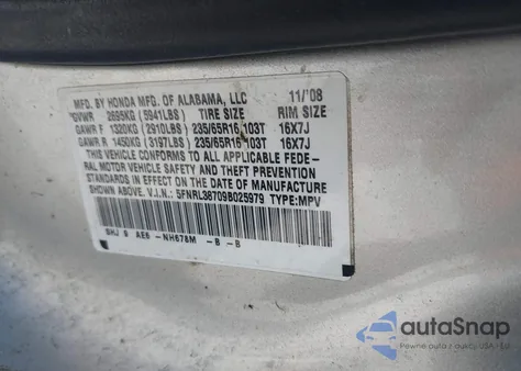 2009 Honda Odyssey Ex-L z USA, uszkodzony, nr VIN 5FNRL38709B025979